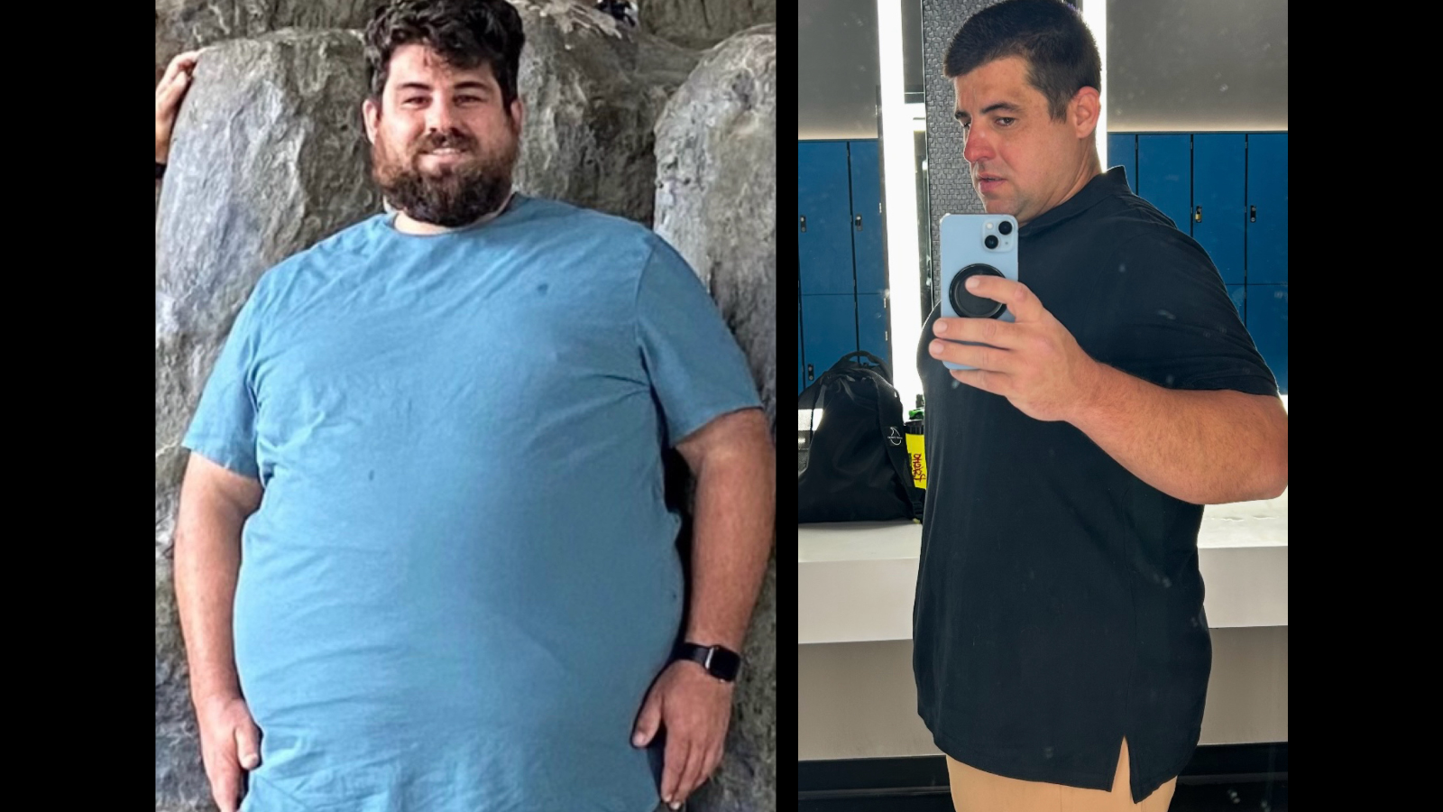 Before and after photo of Ryan J. showing major weight loss and improved health from training with Chad at Self Made Fitness Temecula.